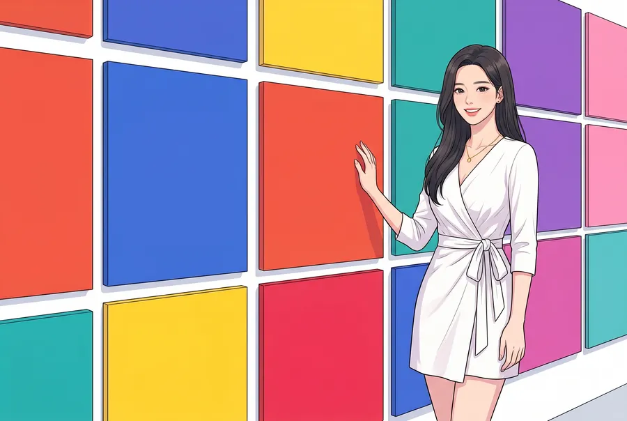 The illustrated young woman in a white wrap mini dress stands beside a wall of large colourful square panels, touching a red one
